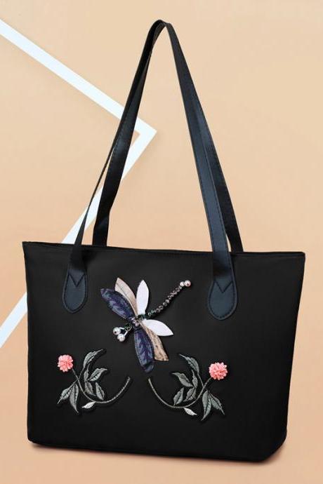 BLACK Vintage Embroidered Floral Applique Oxford Cloth Bag
