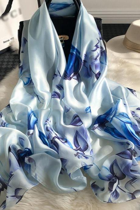 BLUE Vintage Urban Floral Printed Silk Imitation Shawl&Scarf