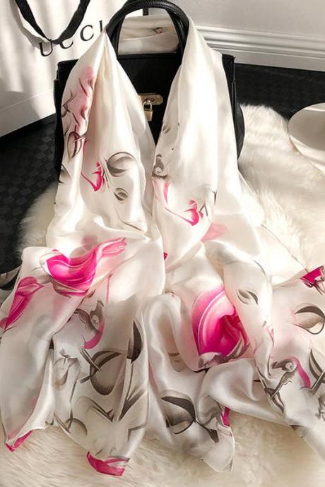 MILK WHITE Vintage Urban Floral Printed Silk Imitation Shawl&Scarf