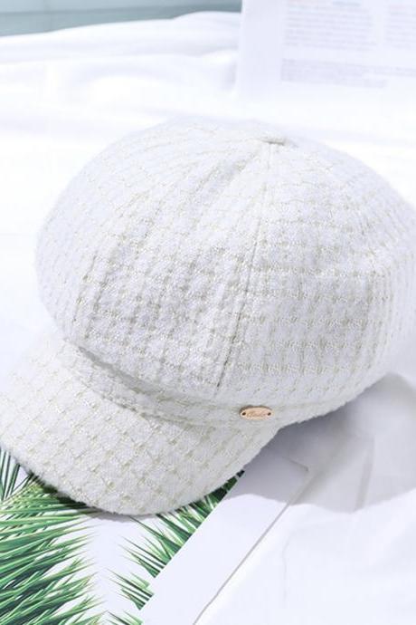 White Vintage Contrast Color Houndstooth Plaid Woolen Hat