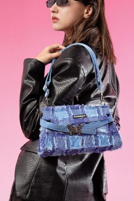 BLUE Original Stylish Fringed Plaid Bag