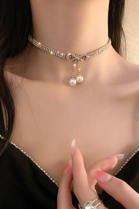 Statement Pearl Rhinestone Bow-Embellished Necklaces Accessories