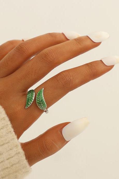 Silver Green Original Leaf Shape Adjustable Ring