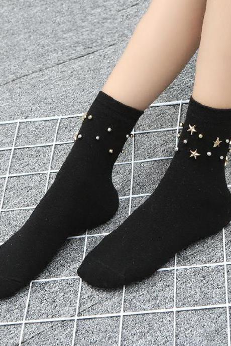 Black Fashion Star Beads Plain Socks