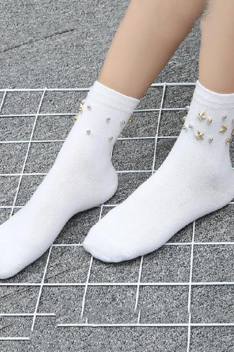 White Fashion Star Beads Plain Socks