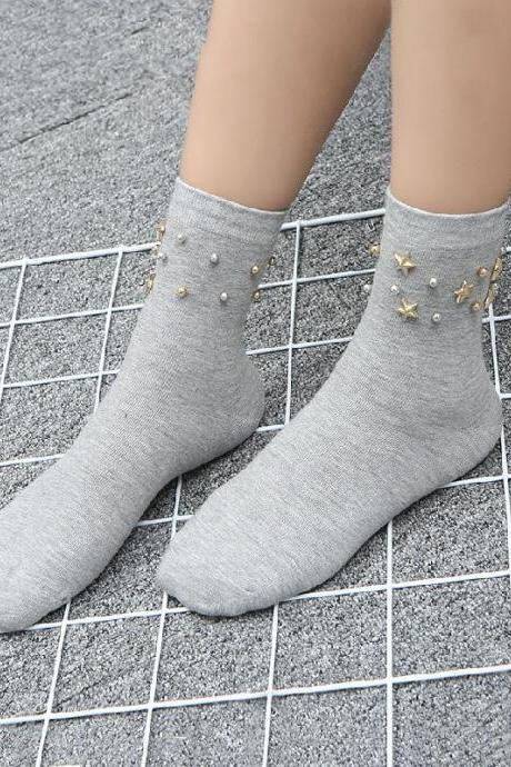 GRAY Fashion Star Beads Plain Socks