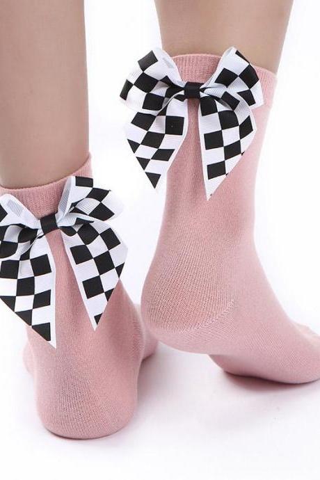 PINK Plaid Bow-knot Decorative Socks