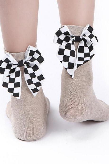 BEIGE Plaid Bow-knot Decorative Socks