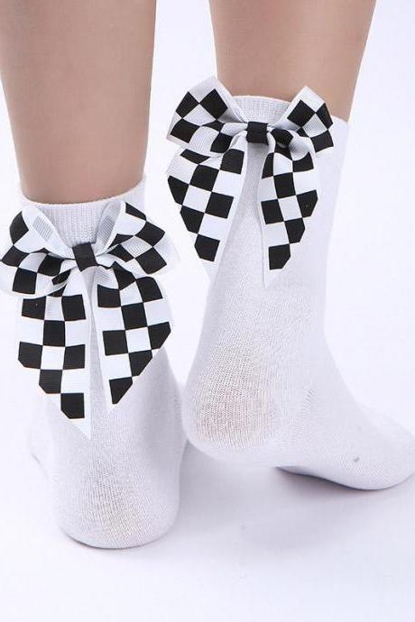 WHITE Plaid Bow-knot Decorative Socks