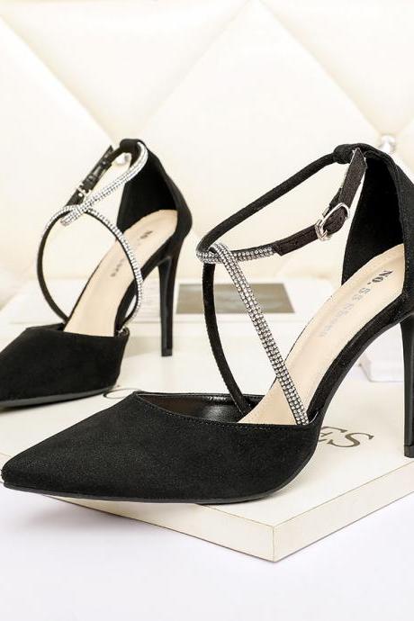 Fashion Pointed Rhinestone With Sandals Ol High-heeled Shoes-black