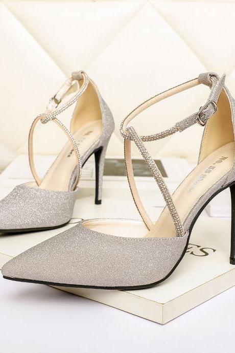 Fashion Pointed Rhinestone With Sandals Ol High-heeled Shoes-champagne