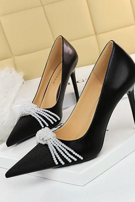 Fashion Shallow Color Contrast Pointed Pearl Bow High Heel Banquet Shoes-black