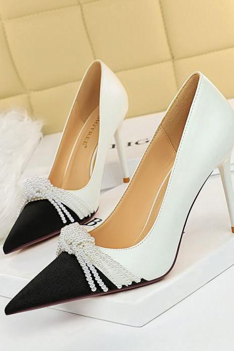 Fashion Shallow Color Contrast Pointed Pearl Bow High Heel Banquet Shoes-white