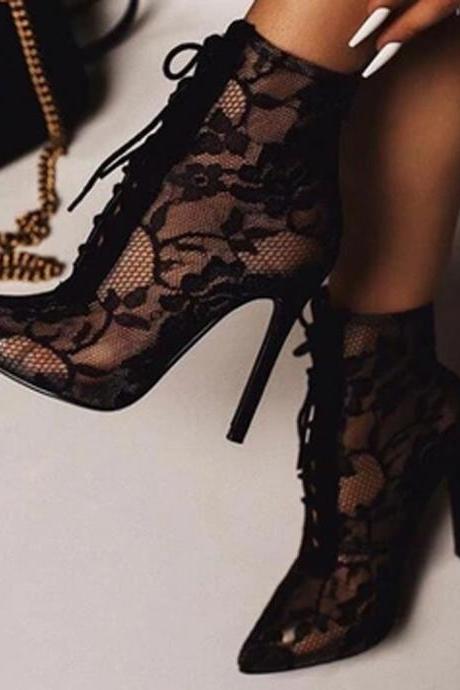 Fashion Breathable Mesh Lace Pointed High Heel Sandals