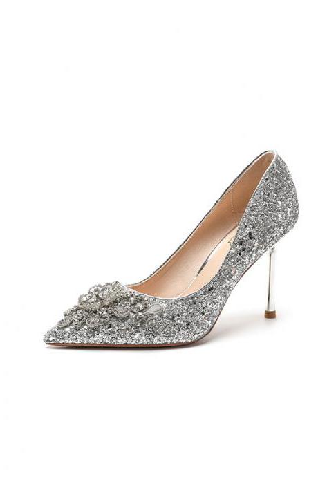 Sexy Fashion Rhinestone Flower High-heeled Sequin Party Shoes-silvery