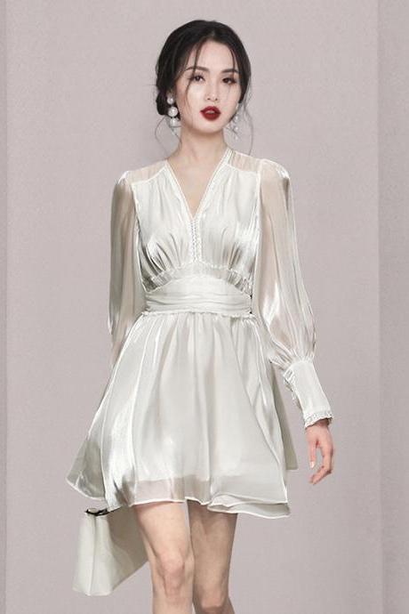 Elegant High-waisted Long Sleeve A-line Dress