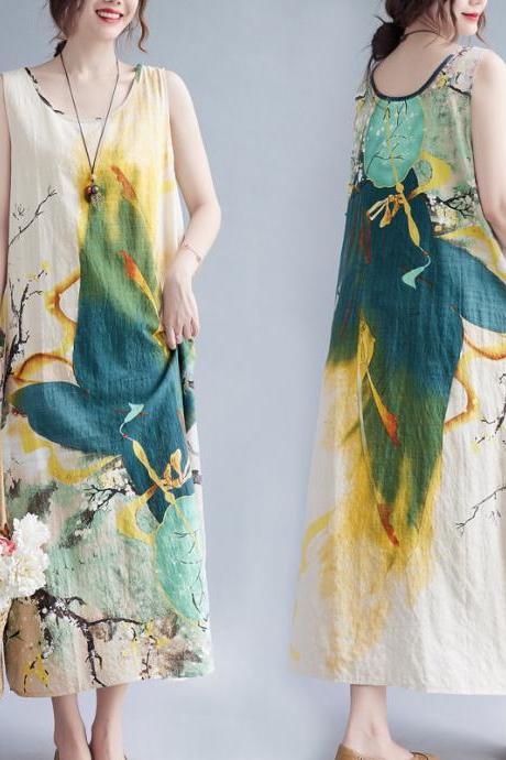 Casual Floral Printed Round-neck Sleeveless Midi Dress