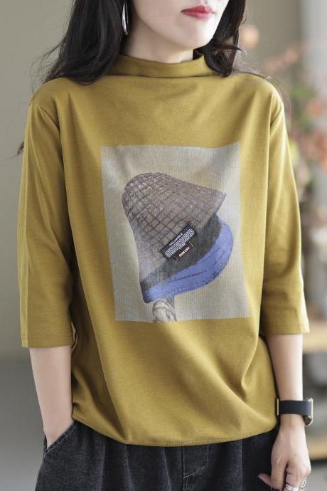 Vintage Loose Three-quarter Sleeves Printed High-neck T-shirts Tops