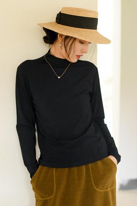 Casual Long Sleeves Elastics Solid Color High-neck T-shirts Tops