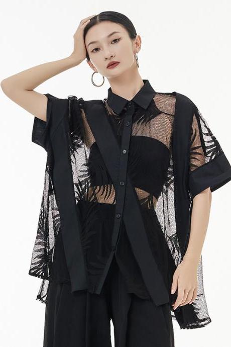 Stylish Loose Half Sleeves Buttoned Mesh Hollow See-through Blouses&amp;amp;amp;shirts Tops
