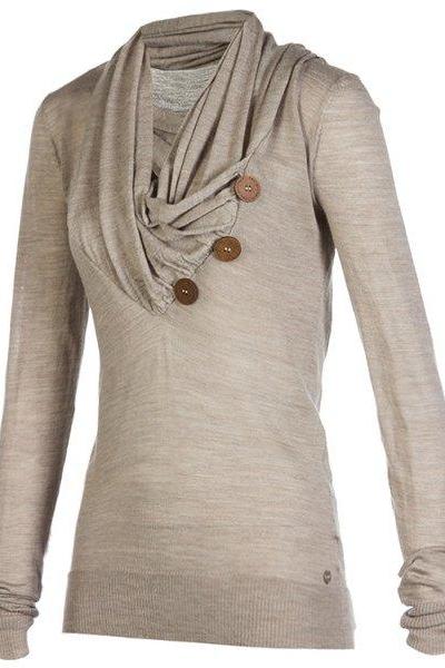 Cowl Draped Neck Button Design Sweatshirt（tp22112101）