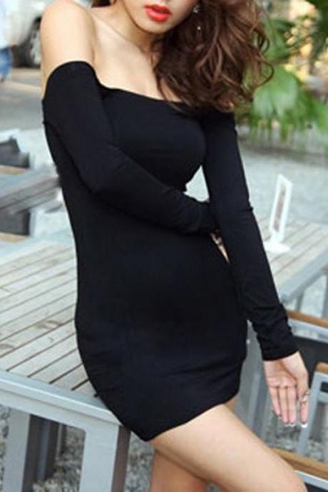 Women Off Shoulder Stretch Tunic Tight Fitted Club Wear Party Sexy Mini Dress Black