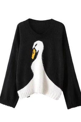 Sweet Women s Round Neck Swan Jacquard Long Sleeve Sweater