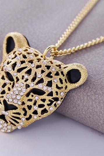Rhinestone Leopard Tiger Head Chain Necklace Sweater Golden