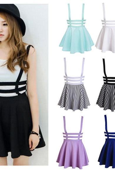Women Sexy Pleated Suspender Skirt Braces Hollow Out Bandage Mini Skater Dress