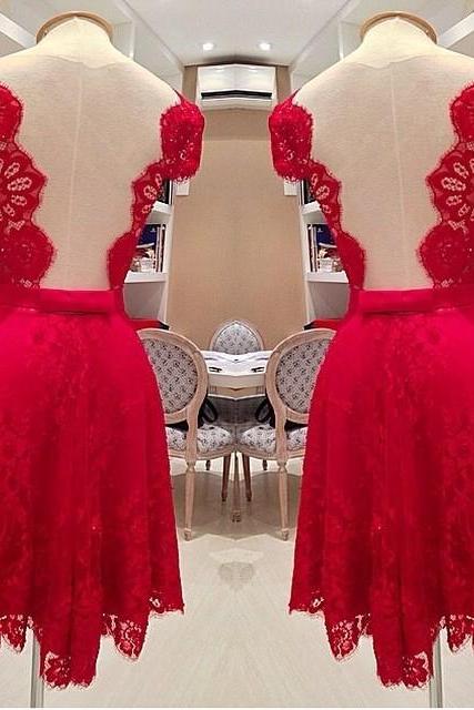 Shinning Red Backless Short Sleeves Short Lace Party Dress