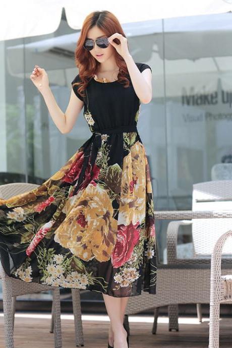 Bohemian Style Short Sleeve Long Chiffon Dress