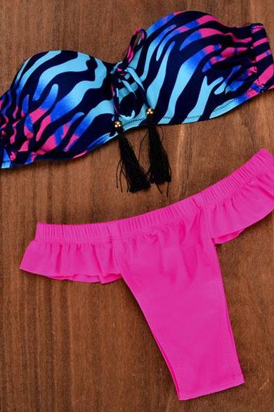 Strapless Push Pu Stripe Bra and Briefs Low Waist Two Pieces Bikini Swimwear