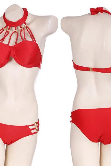 Bandage Golden Ring Straps Hollow Out Push Up Bikini Set Swimwear