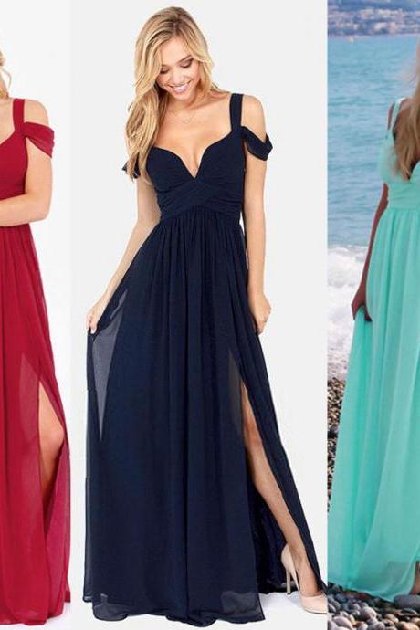 Deep V-neck Plus Size Chiffon Split Off-Shoulder Pleated Long Maxi Beach Dress