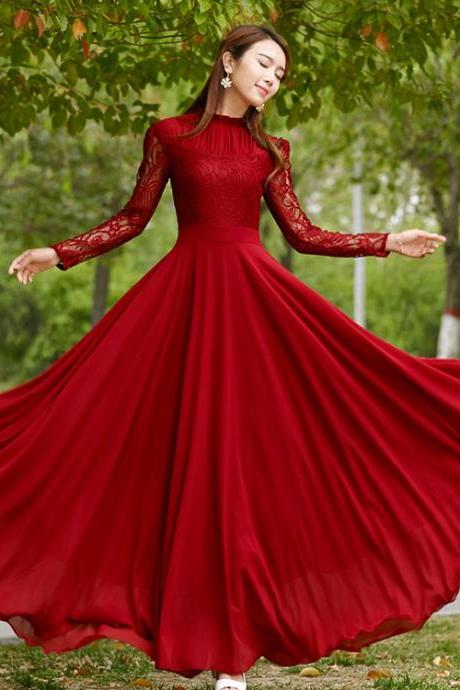 Charming Long Lace Sleeves Pleated Chiffon Long Red Maxi Dress