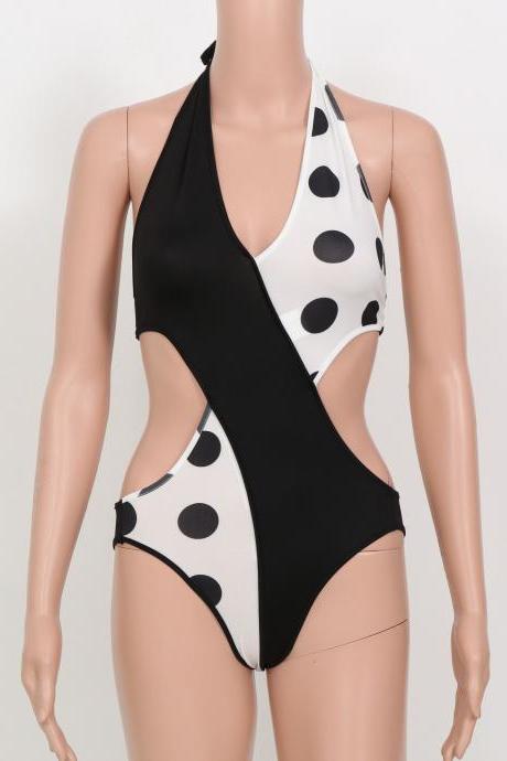 Plus Size Polka Dot White Black Patchwork Cut Out One Piece Swimwear Monokini