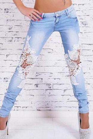 Lace Patchwork Hollow Low Waist Straight Jeans