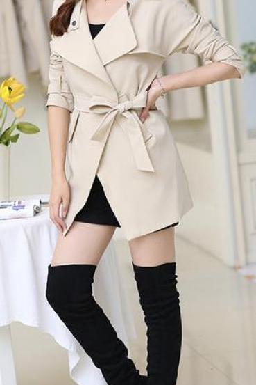 Belt High Neck Long Sleeves Irregular Slim Mid-length Coat