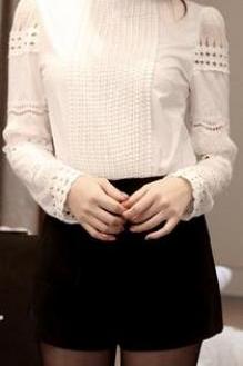 High Neck Lace Hollow Out Long Sleeves Pure Color Blouse