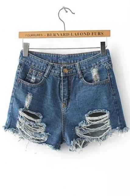 Heavily Distressed High Waisted Denim Shorts Featuring Front and Back Pockets