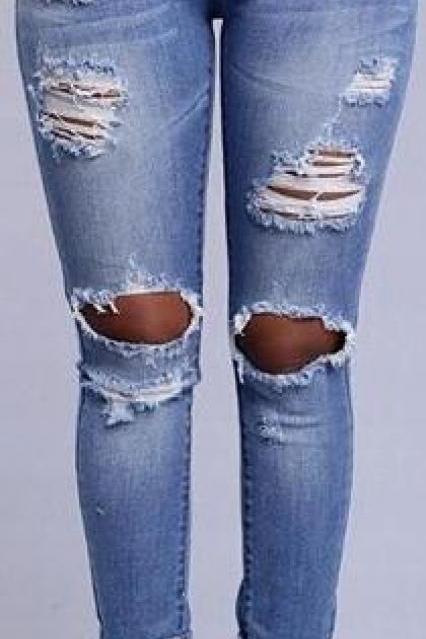 Ripped Holes Straight BF Style Elastic Jeans