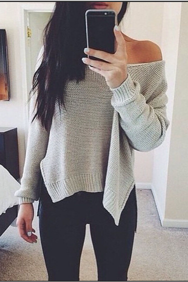 Slit Solid Color Scoop Knit Splicing Sweater