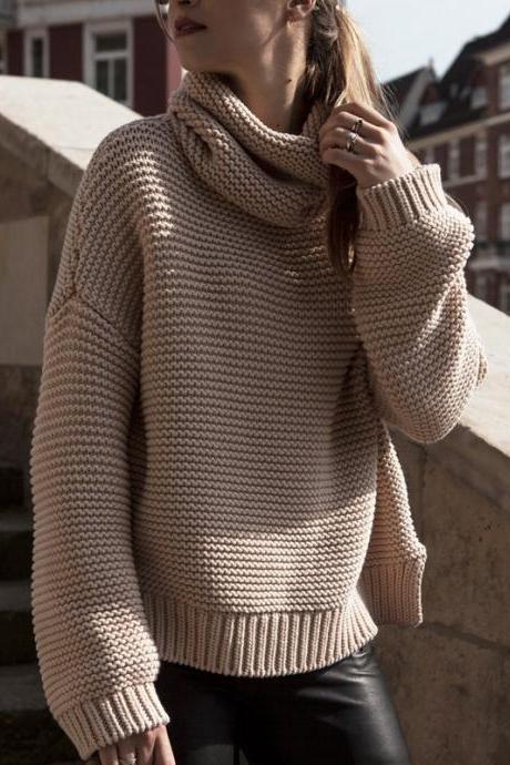 High Collar Pullover Pure Color Knit Sweater