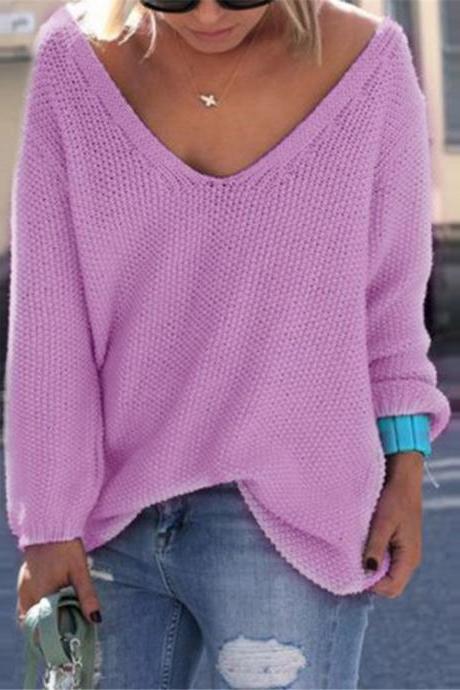 V-neck Loose Knit Pure Color Pullover Sweater
