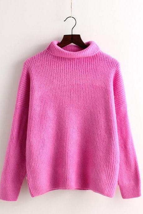 High Collar Loose Pullover Ribbed Knitted Sweater