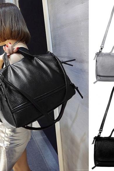 Women Fashion Retro Large Capcity Solid Handbag Tote Shoulder Bags