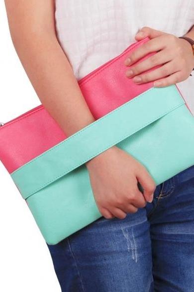 Fashion Lady Women&amp;amp;#039;s Artificial Leather Contrast Color Zipper Packet Hand Bag Clutch Bag