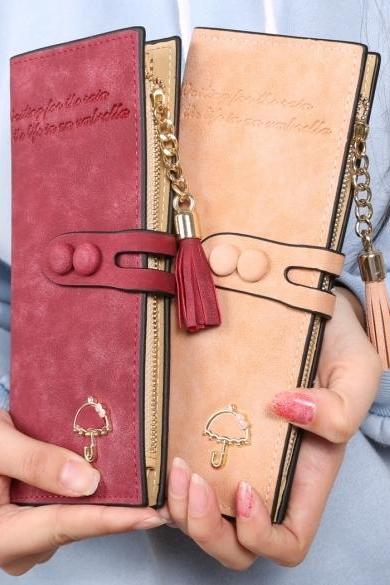 Women Lady Synthetic Leather Card Holder Long Trifold Wallet Clutch Checkbook Tassel Handbag Purse