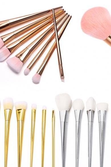 7PCS Pro Metal Techniques Brush Facial Blush Foundation Cosmetic Makeup Tool Set Silver/Gold/Pink