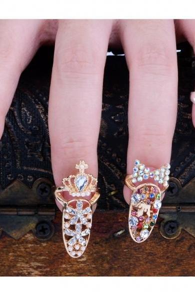 Fashion Bowknot Crystal Finger Nail Art Ring Jewelry Fake Nail Art Finger Rings